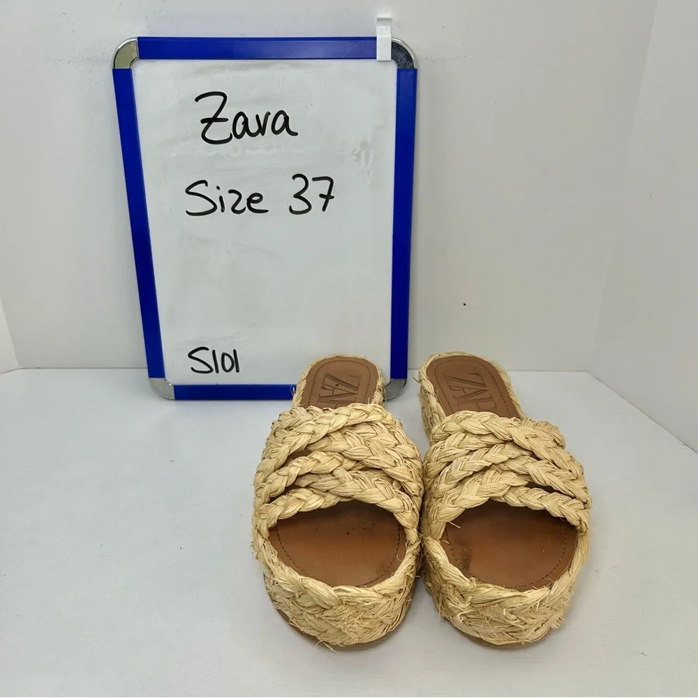 Zara Raffia Braided Platform Neutral Cream Tan Sandals Size 37